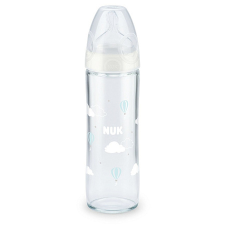 10745105 NUK Cтеклянная бутылочка 240 мл + соска  с широким основанием из силикона, размер 1