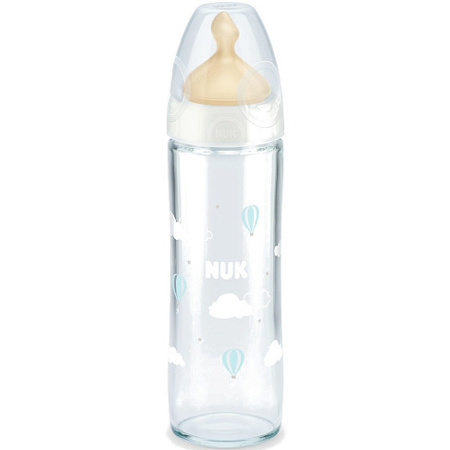 10745104 NUK Cтеклянная бутылочка 240 мл + соска  с широким основанием из латекса, размер 1