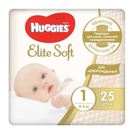 Детск. однораз. подгузники для новорожд. Huggies Elite Soft (1) Conv( 3-5 кг)25шт